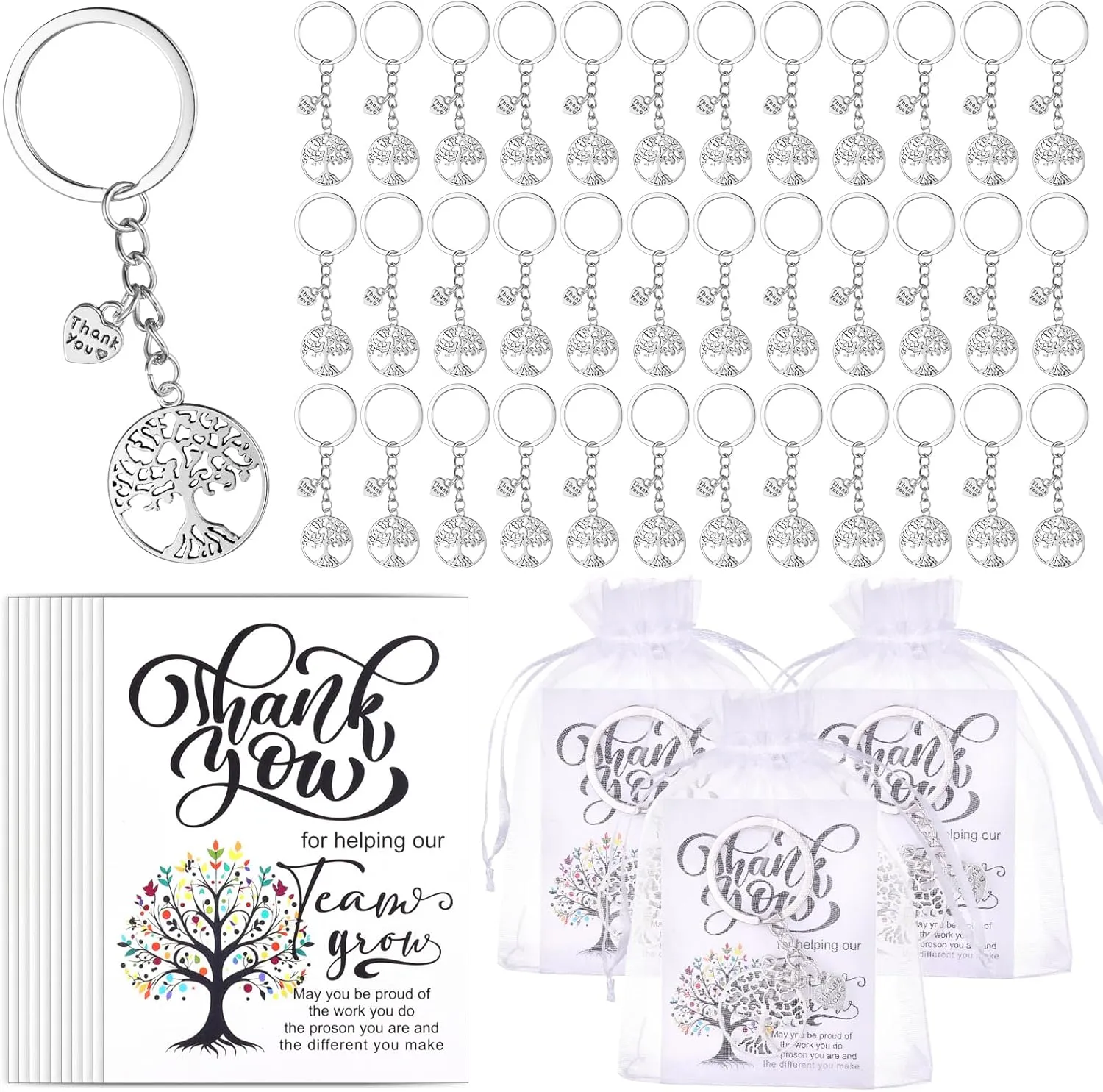 36-Piece Team Appreciation Gift Set - Tree Keychains with Heart Charm, Thank You Cards & Organza Bags - Bulk Employee Thank You Gifts for Coworkers, Staff, Volunteers, Teachers, Nurses