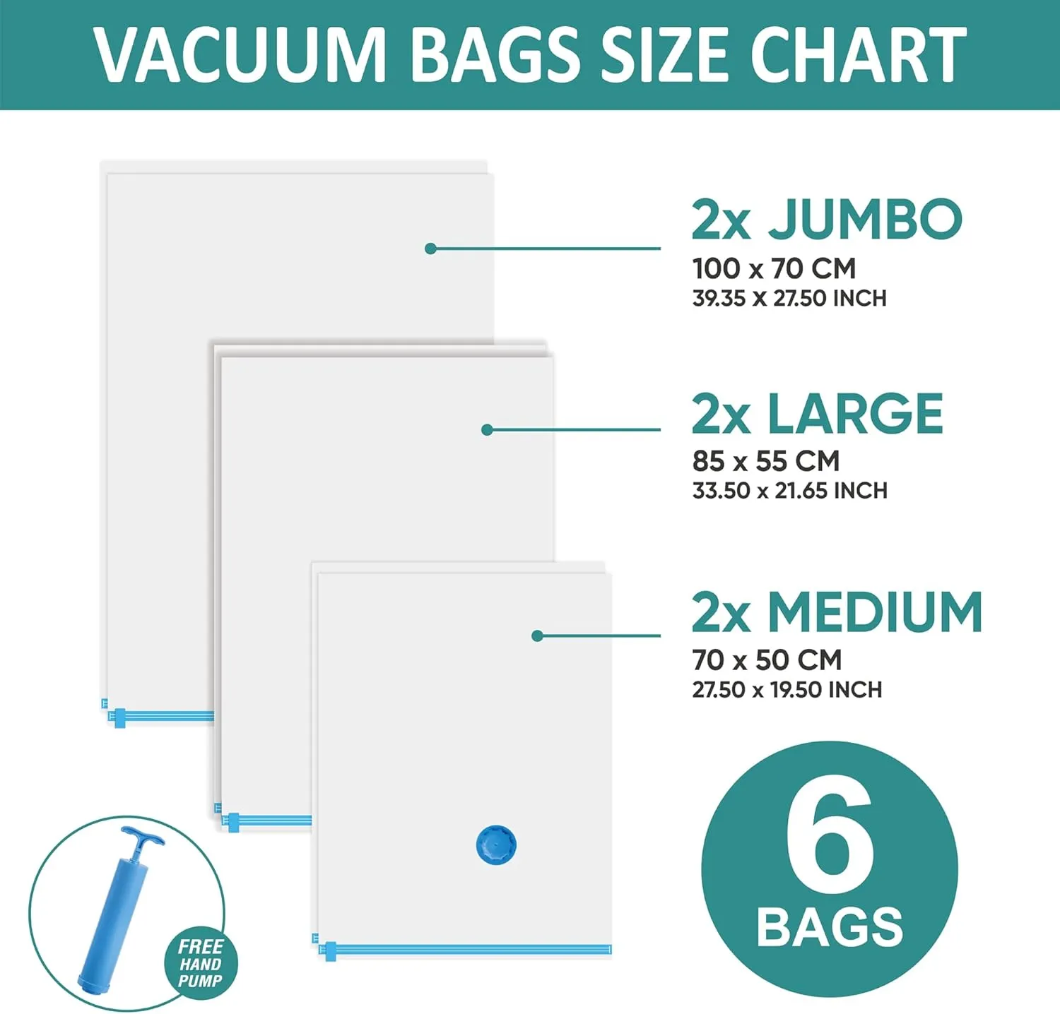 6 Pack Vacuum Storage Bags with Hand Pump, 80% Space Saver Vacuum Seal Storage Bags for Clothing, Travel Lugggage, Blankets, Comforters