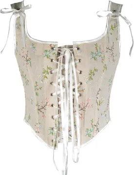 Bowanadacles Women Vintage Floral Camisole Flower Embroidery Pattern Tight Vest Drawstring Tie-up Tank Top Suspender Corset