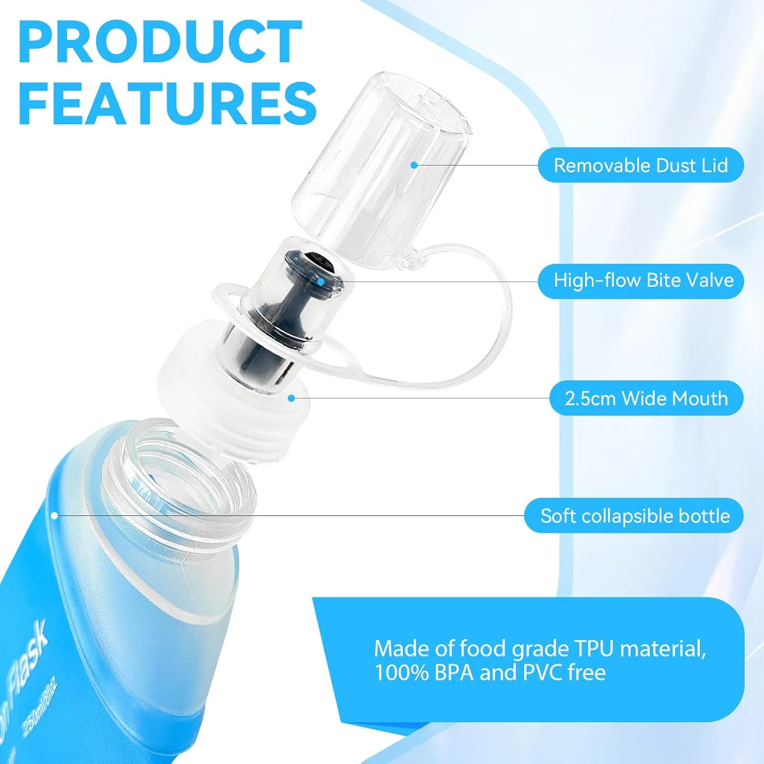 Buite 500ML Soft Flask, Portable TPU Soft Water Bottles for Running Vest, Hydration Pack - Ideal for Running Hiking Cycling Climbing(2Pcs Blue