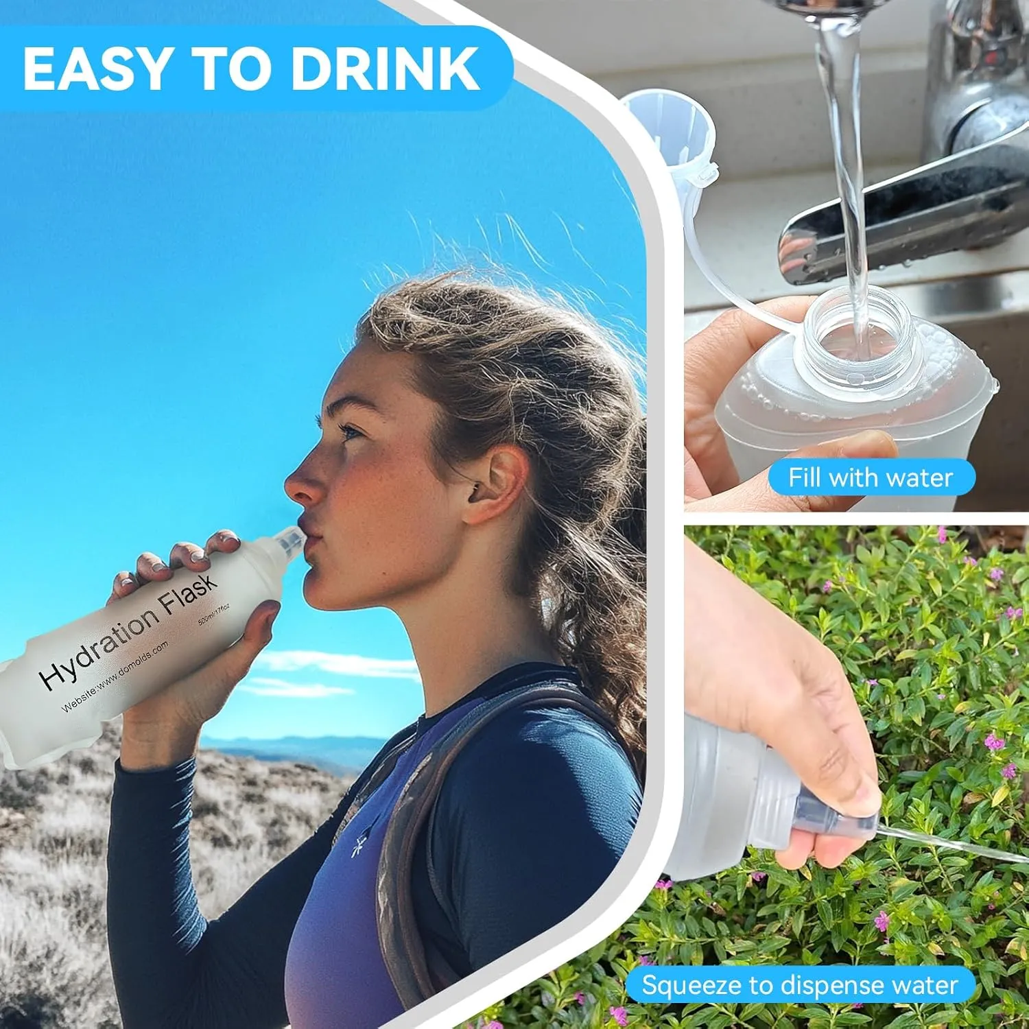 Buite 500ML Soft Flask, Portable TPU Soft Water Bottles for Running Vest, Hydration Pack - Ideal for Running Hiking Cycling Climbing(2Pcs Blue