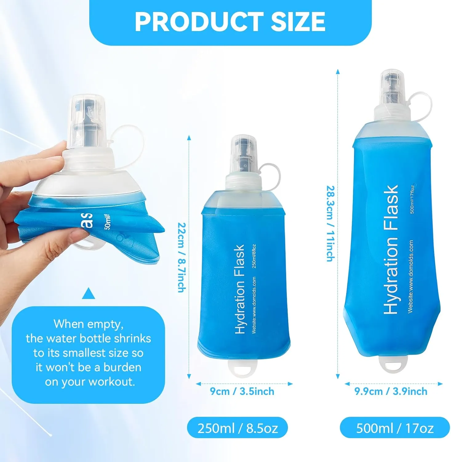 Buite 500ML Soft Flask, Portable TPU Soft Water Bottles for Running Vest, Hydration Pack - Ideal for Running Hiking Cycling Climbing(2Pcs Blue