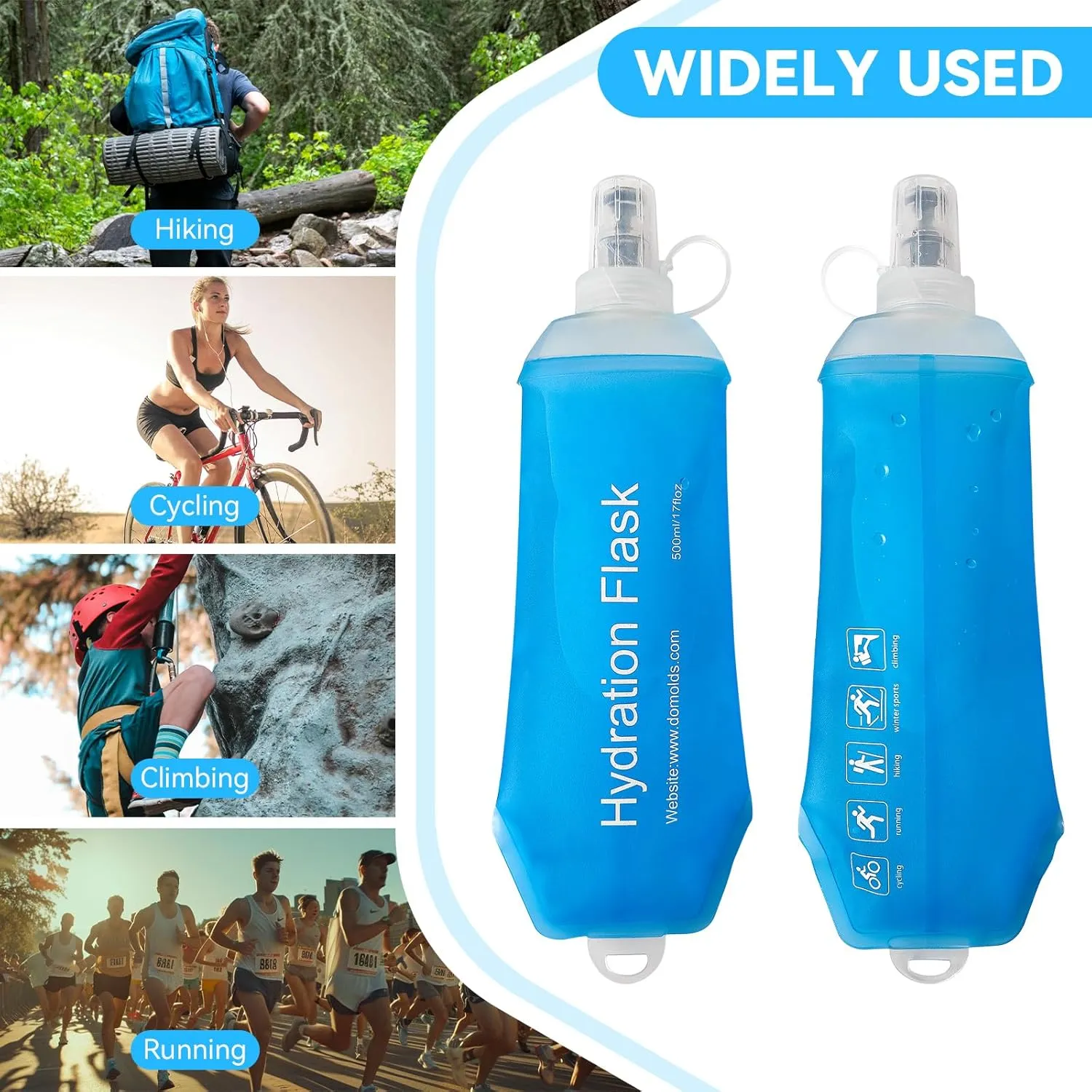 Buite 500ML Soft Flask, Portable TPU Soft Water Bottles for Running Vest, Hydration Pack - Ideal for Running Hiking Cycling Climbing(2Pcs Blue