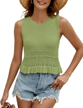 CiCiBird Women Cute Crop Sweaters Vest Knit Sleeveless Pullover Tops Crochet Ruffle Hem Tank