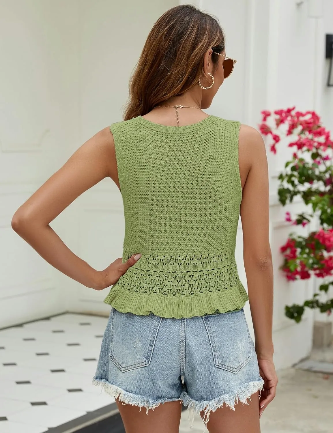 CiCiBird Women Cute Crop Sweaters Vest Knit Sleeveless Pullover Tops Crochet Ruffle Hem Tank