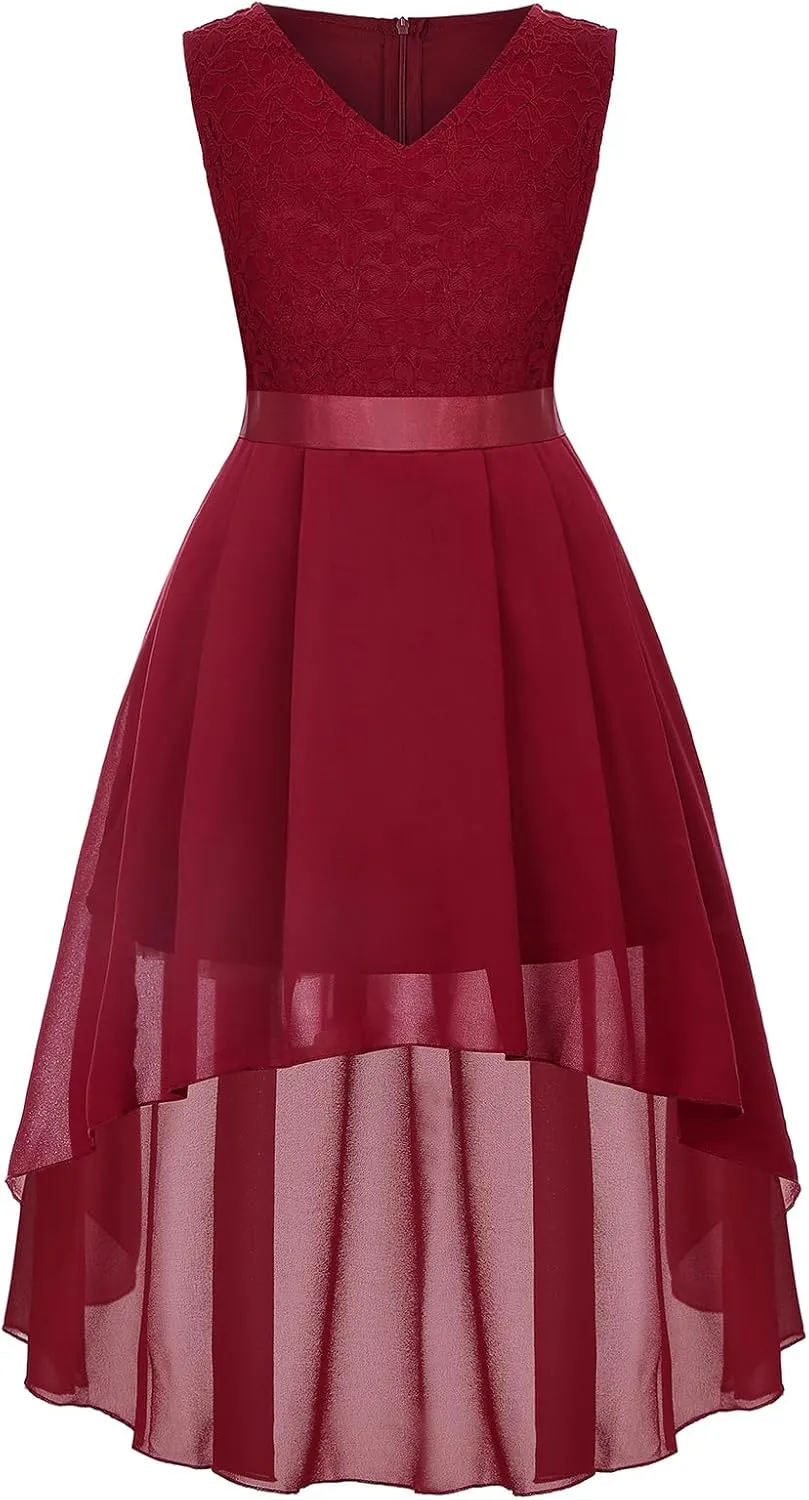 Girls Floral Lace Dress Easter Bridesmaid Vintage Formal Cocktail Party Swallowtail Swing Dresses 7-14 Years