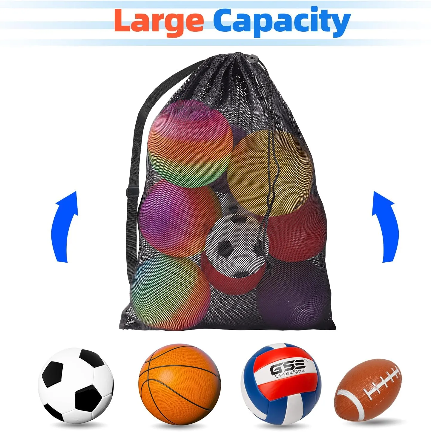 GSE Games & Sports Expert Black Extra Large Mesh Sports Ball Drawstring Bag, 30" x 40" Soccer Equipment Bag with Adjustable Shoulder Strap for Football, Basketball, Volleyball, Swimming