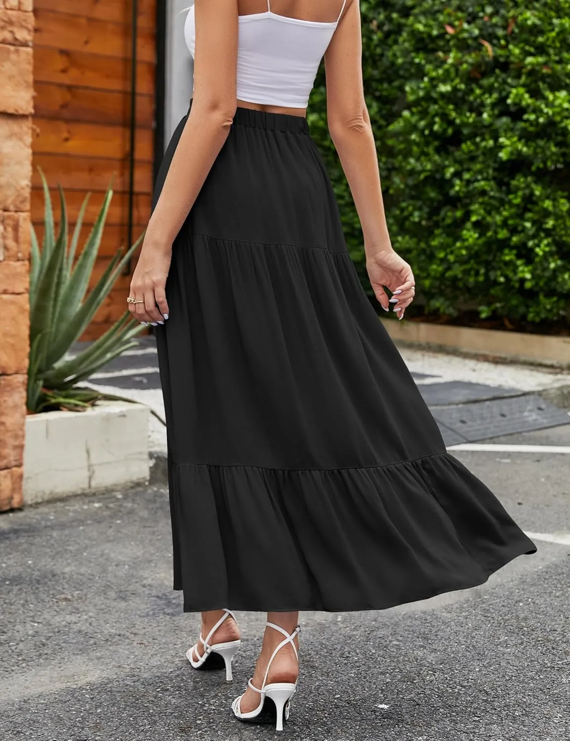 HAEOF Women's 2025 Summer Flowy Boho Maxi Skirt Trendy Slit Elastic High Waist A Line Beach Long Skirts with Pockets