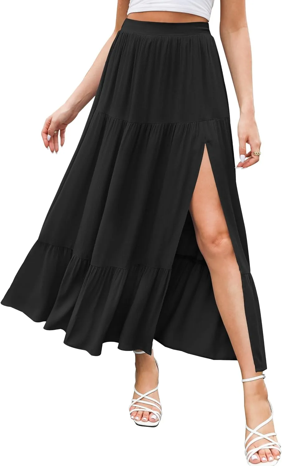 HAEOF Women's 2025 Summer Flowy Boho Maxi Skirt Trendy Slit Elastic High Waist A Line Beach Long Skirts with Pockets