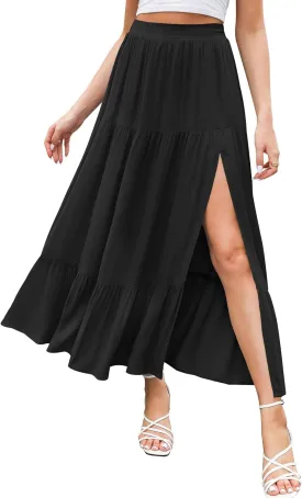 HAEOF Women's 2025 Summer Flowy Boho Maxi Skirt Trendy Slit Elastic High Waist A Line Beach Long Skirts with Pockets