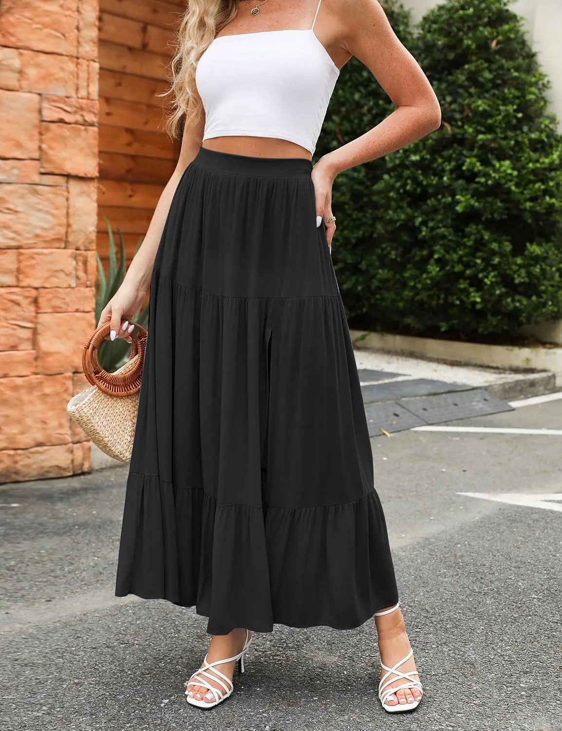 HAEOF Women's 2025 Summer Flowy Boho Maxi Skirt Trendy Slit Elastic High Waist A Line Beach Long Skirts with Pockets