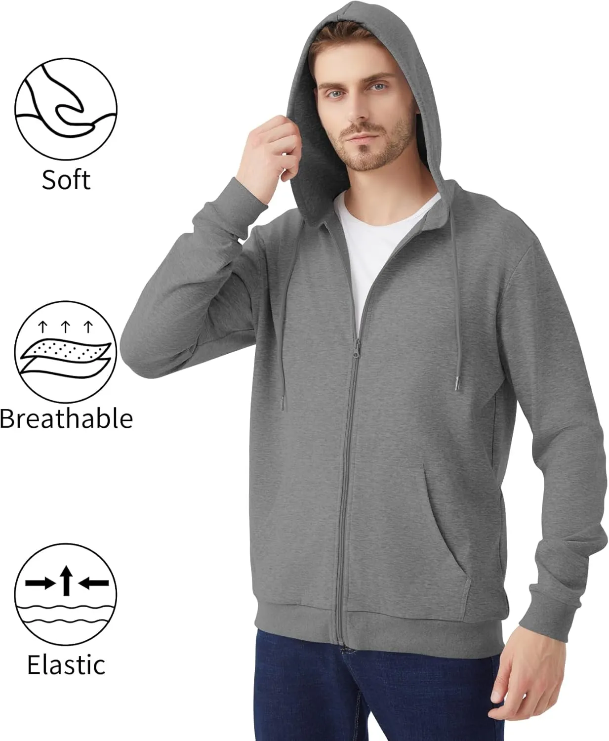 Idtswch Mens Tall Lightweight Hoodies Zip Up Sweatshirt Slim Fit Jacket