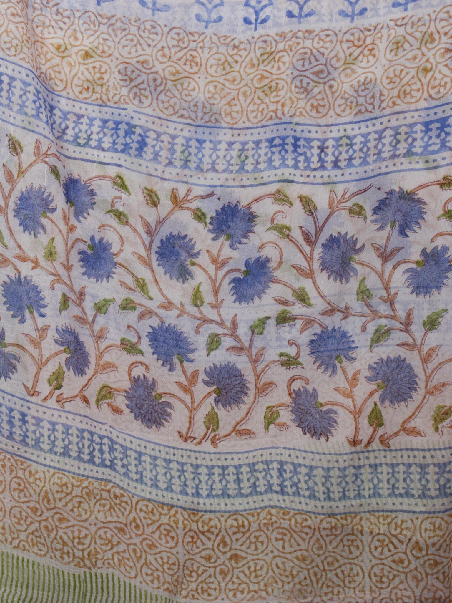 Ivory Blue Green Hand Block Printed Cotton Suit-Salwar Fabric With Chiffon Dupatta (Set of 3) - S16281289