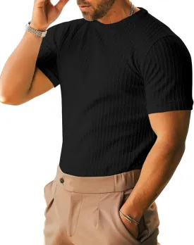 Men's Ribbed Knit T-Shirts Short Sleeve Casual Crewneck Slim Fit Textured Pullover Tees
