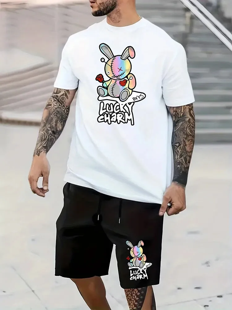 Men's Summer Daily Casual Short Sleeve Shorts Set Cartoon Bunny Doll and Lucky Charm Printed T-Shirt Shorts Set Home Pajamas Set
