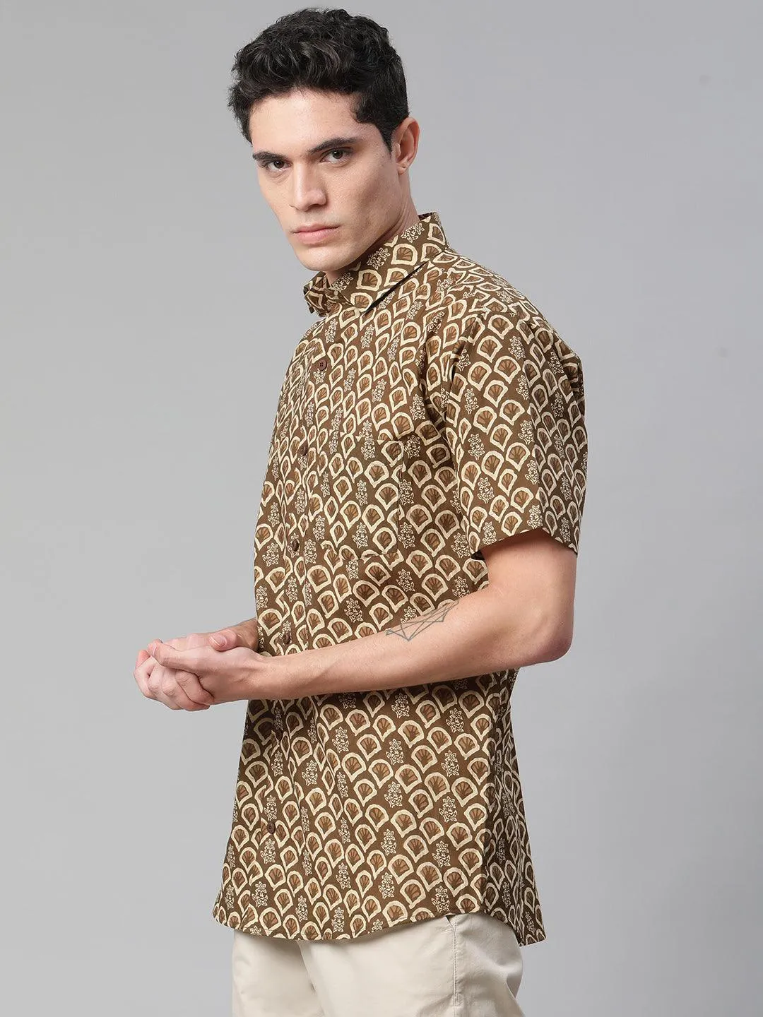 Millennial Men Brown & Beige Cotton  Half Sleeve Shirt For Men-Mmh0168