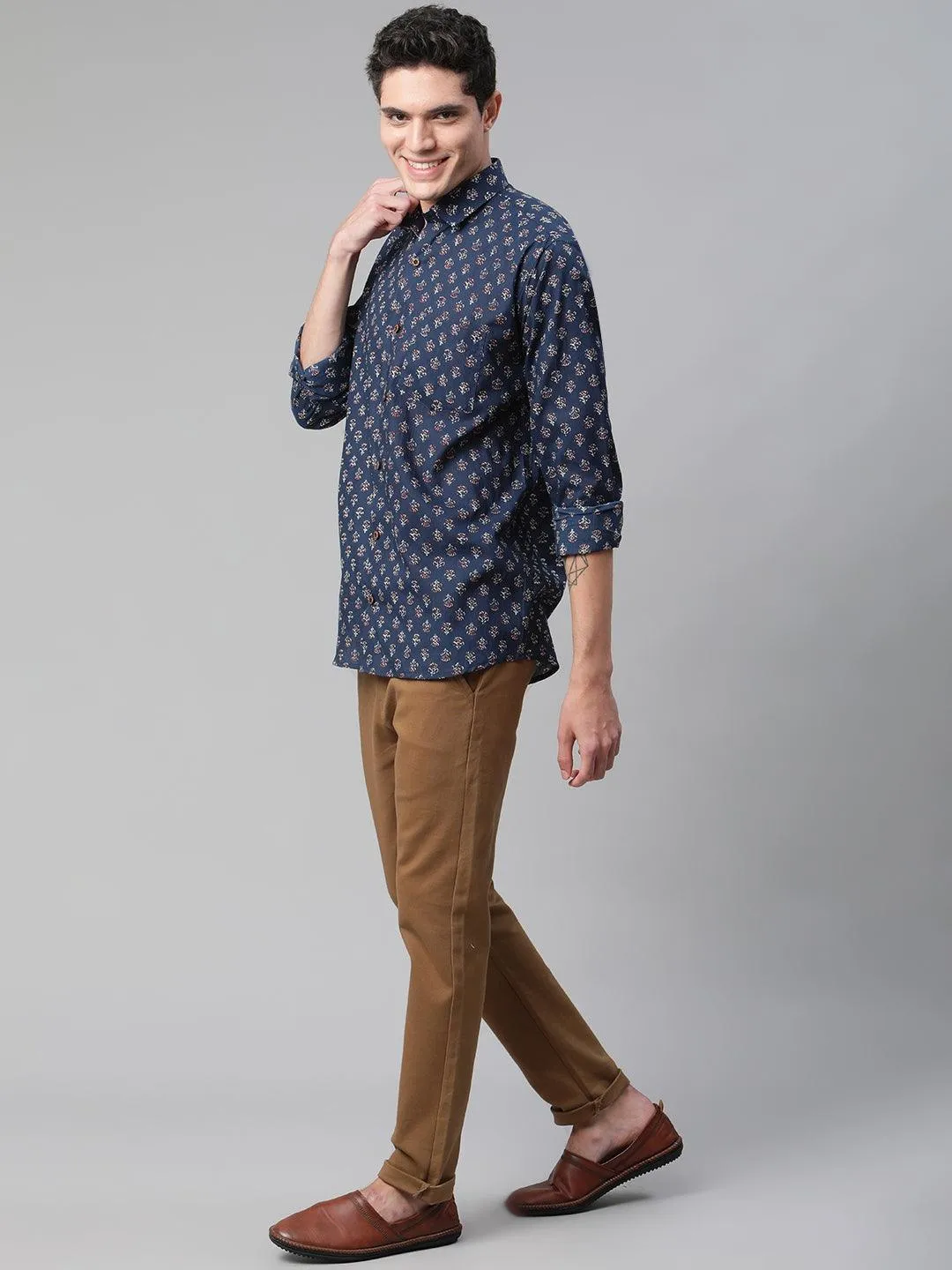 Millennial Men Navy  & White  Cotton  Full Sleeve  Shirt For Men-Mmf0286
