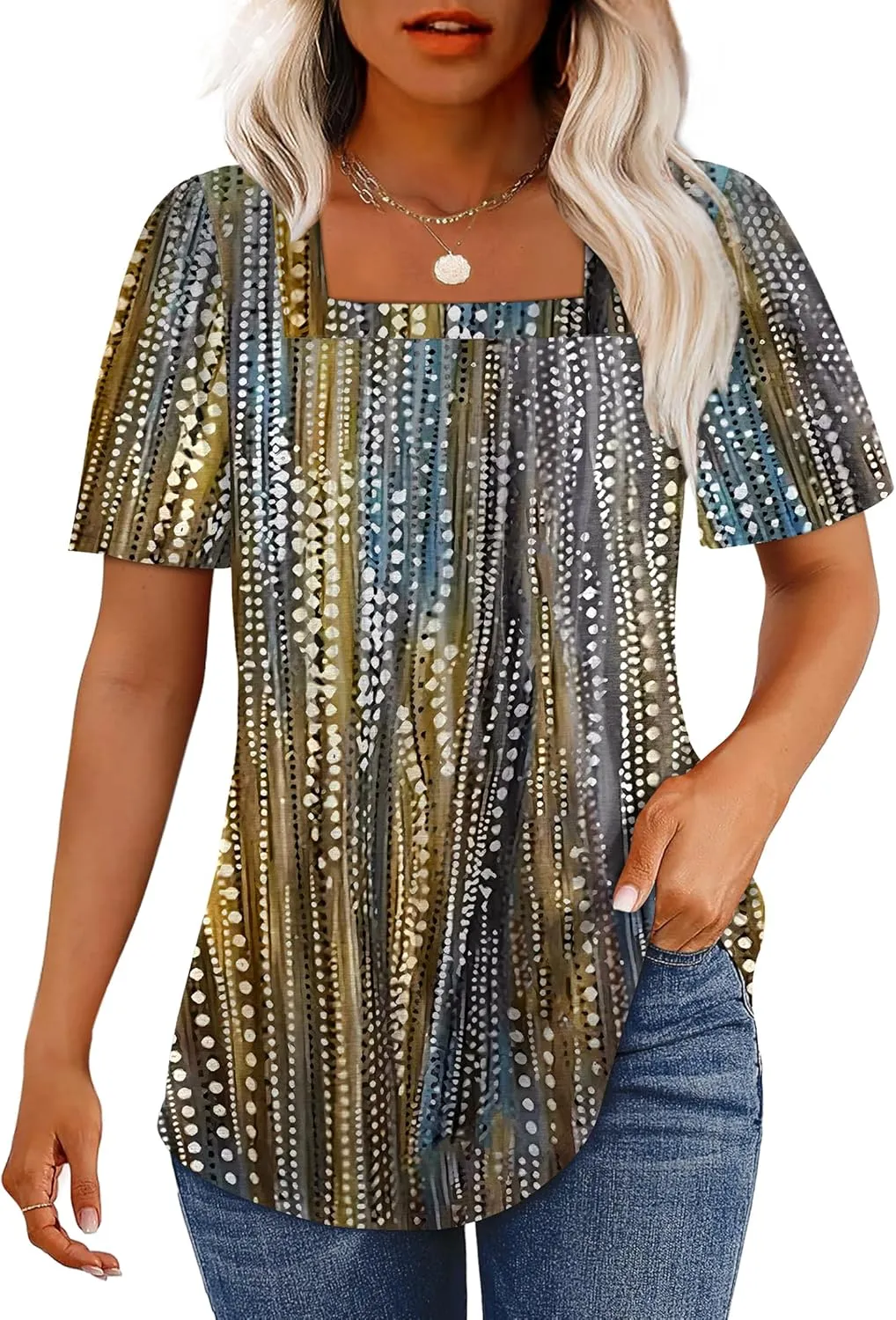 OFEEFAN T Shirts for Women Pleated Square Neck Dressy Casual Blouses Puff Short Sleeve Summer Tops Loose Fit