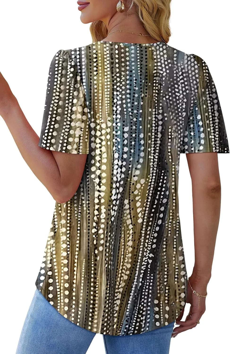 OFEEFAN T Shirts for Women Pleated Square Neck Dressy Casual Blouses Puff Short Sleeve Summer Tops Loose Fit