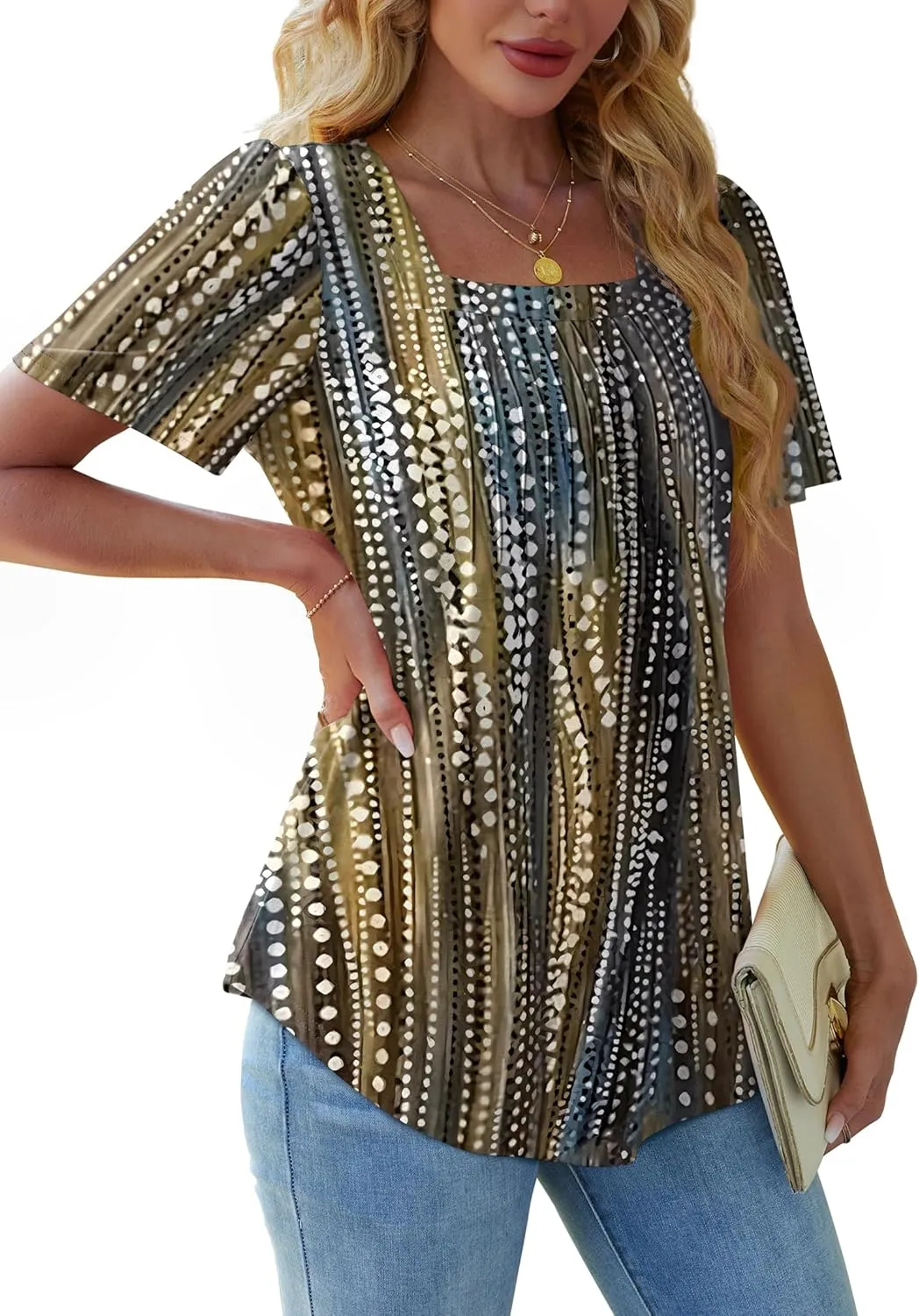 OFEEFAN T Shirts for Women Pleated Square Neck Dressy Casual Blouses Puff Short Sleeve Summer Tops Loose Fit
