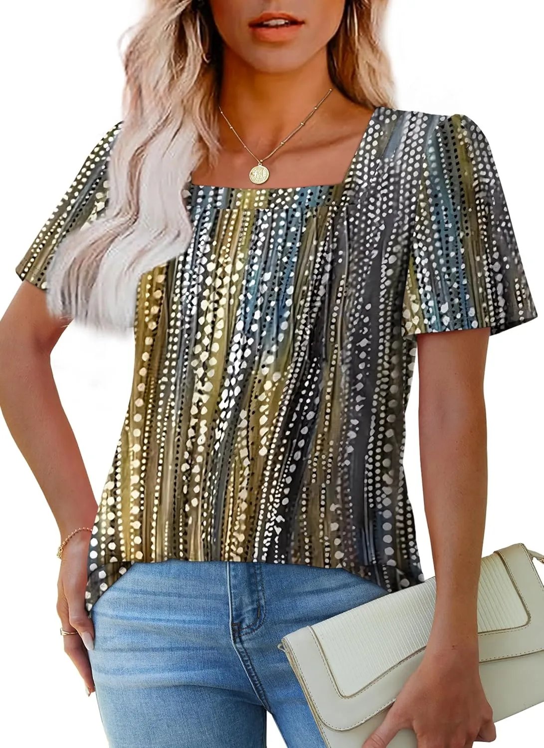 OFEEFAN T Shirts for Women Pleated Square Neck Dressy Casual Blouses Puff Short Sleeve Summer Tops Loose Fit