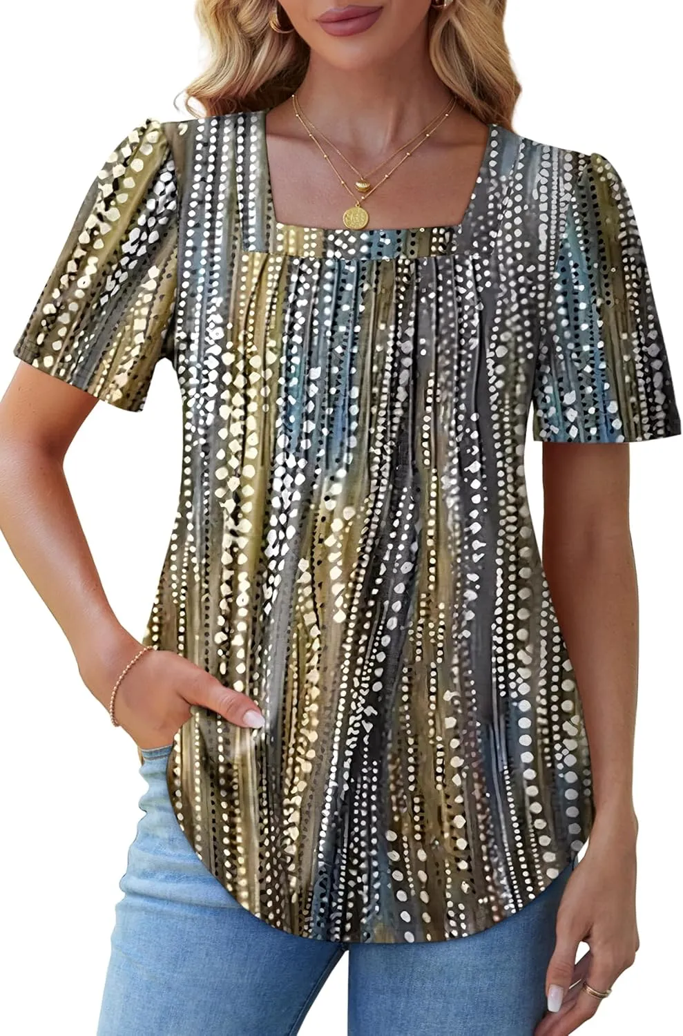 OFEEFAN T Shirts for Women Pleated Square Neck Dressy Casual Blouses Puff Short Sleeve Summer Tops Loose Fit