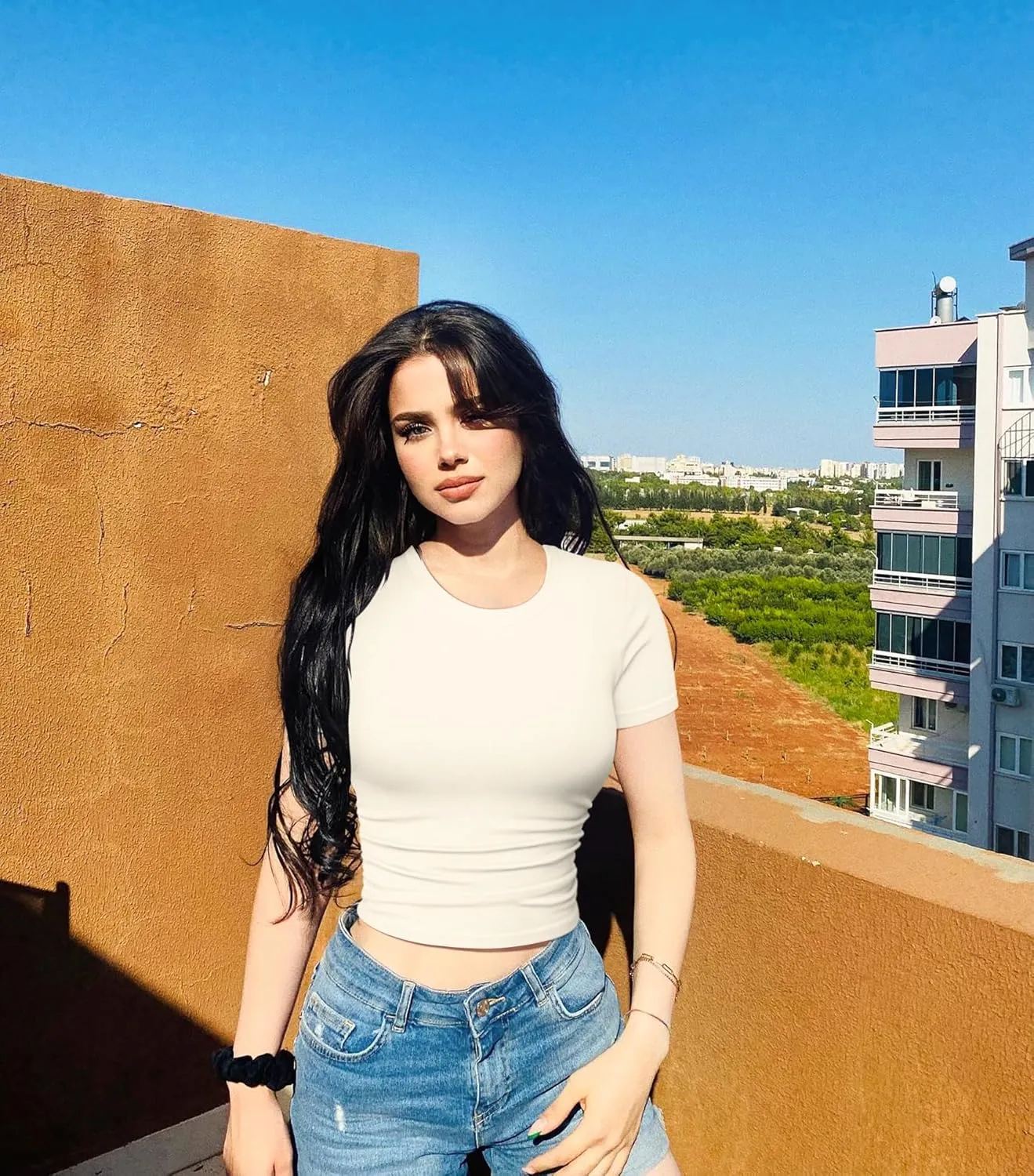 OQQ Womens 2 Piece Shirts Short Sleeve Crew Neck Ruched Stretch Fitted Tee Shirts Crop Tops