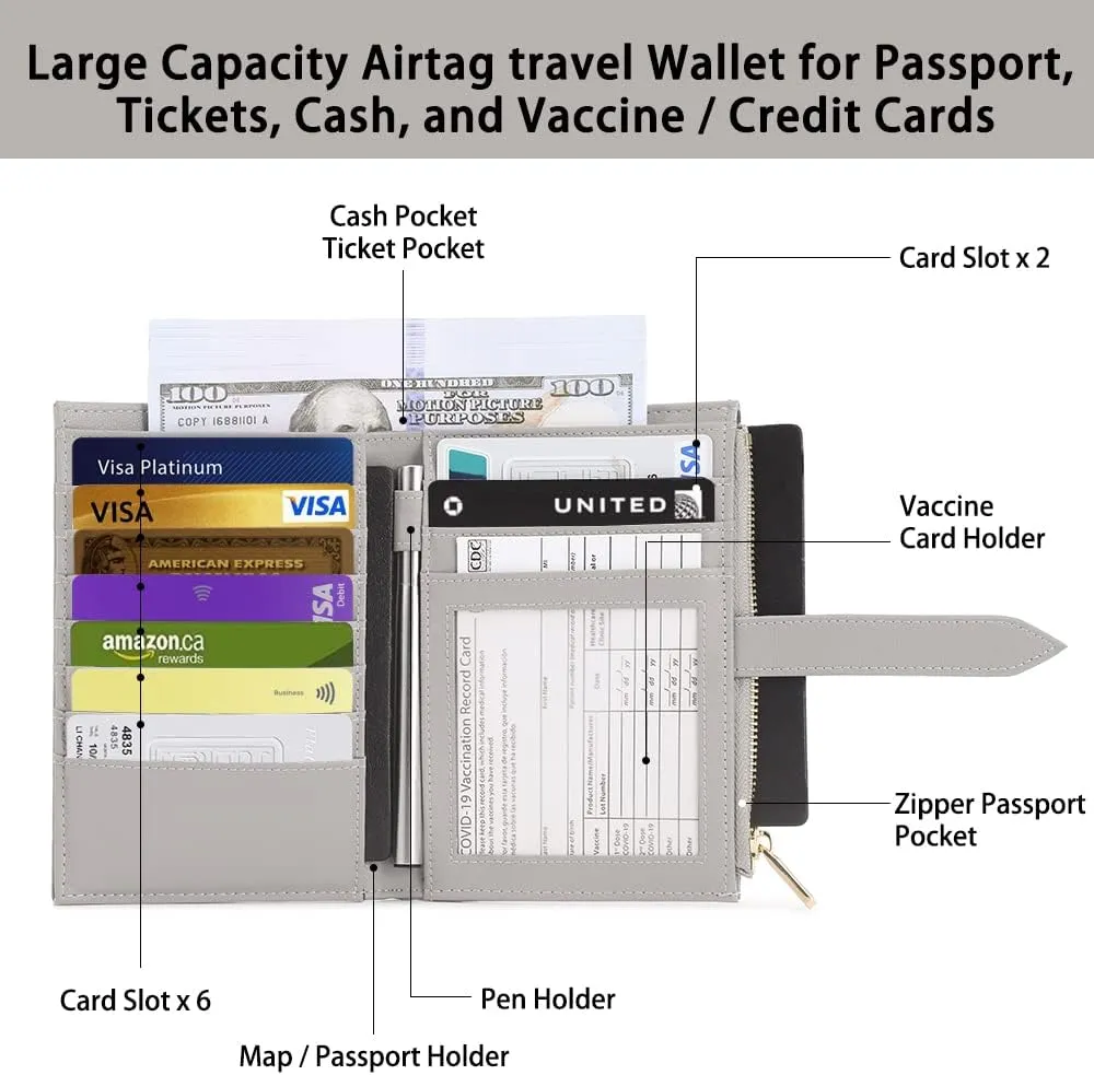 P TRAVEL DESIGN Airtag Passport Wallet for Women, RFID Blocking, Premium Leather, Includes Card Holders, Grey