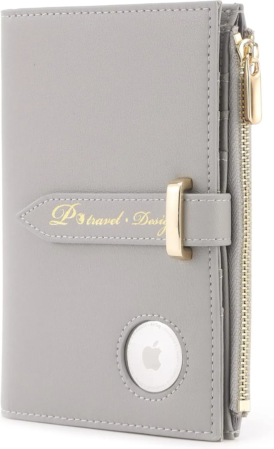 P TRAVEL DESIGN Airtag Passport Wallet for Women, RFID Blocking, Premium Leather, Includes Card Holders, Grey
