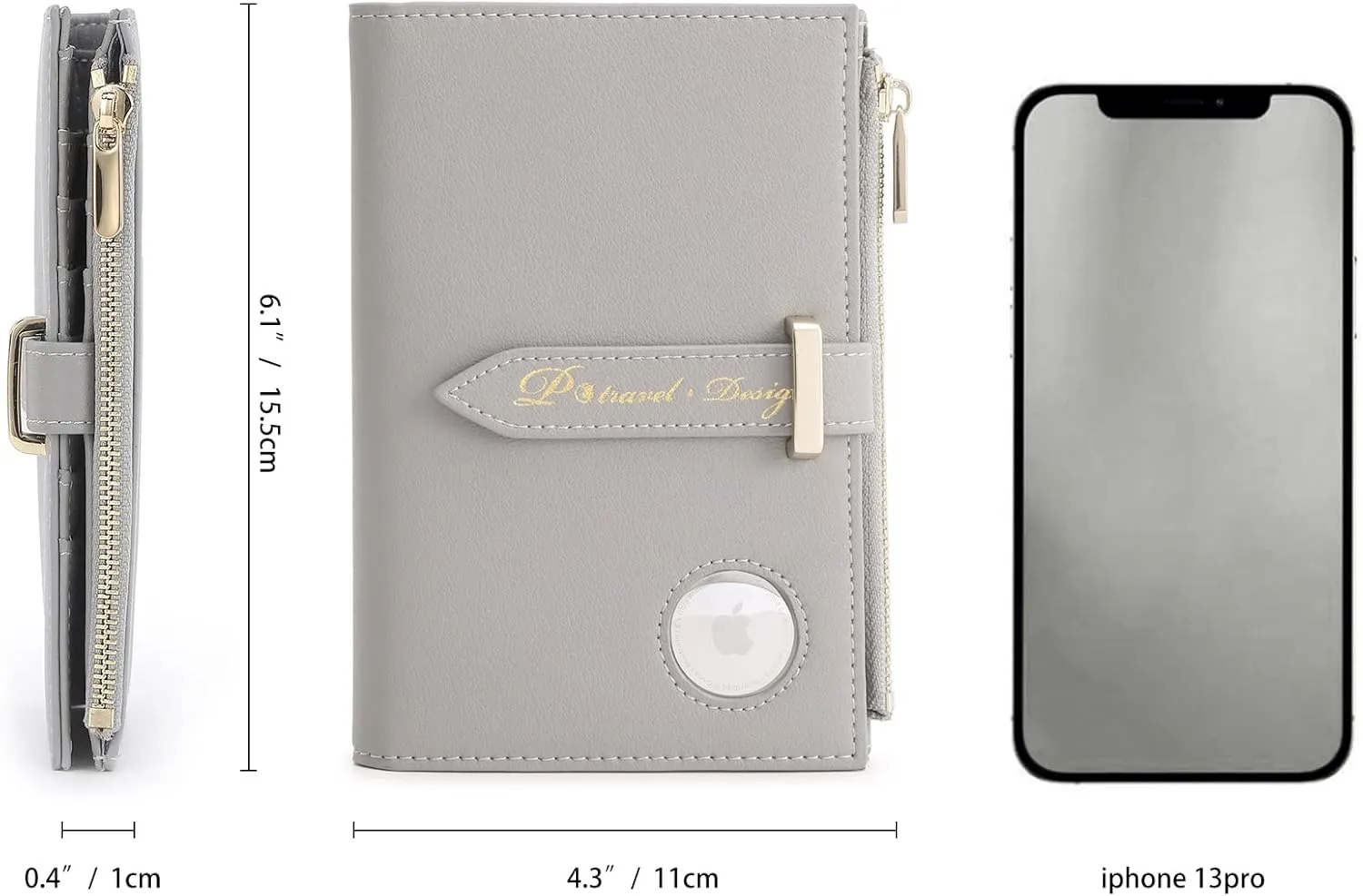 P TRAVEL DESIGN Airtag Passport Wallet for Women, RFID Blocking, Premium Leather, Includes Card Holders, Grey