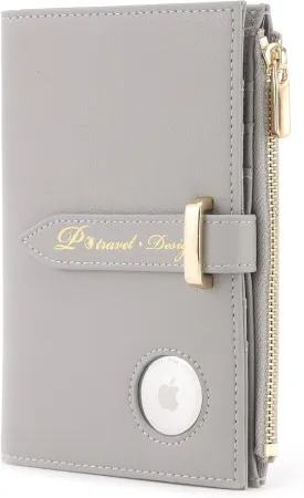 P TRAVEL DESIGN Airtag Passport Wallet for Women, RFID Blocking, Premium Leather, Includes Card Holders, Grey