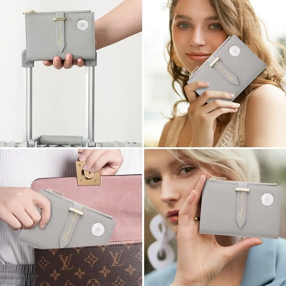 P TRAVEL DESIGN Airtag Passport Wallet for Women, RFID Blocking, Premium Leather, Includes Card Holders, Grey