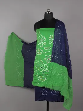 Pastel Green Indigo White Hand Tie & Dye Bandhej Suit Salwar Dupatta (Set of 3) With Hand Embroidery & Mirror Work - S16281247