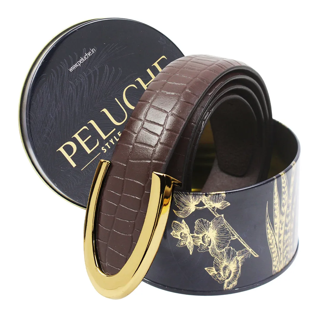Peluche Regalia Brown Checkered Profile Leather Belt For Men