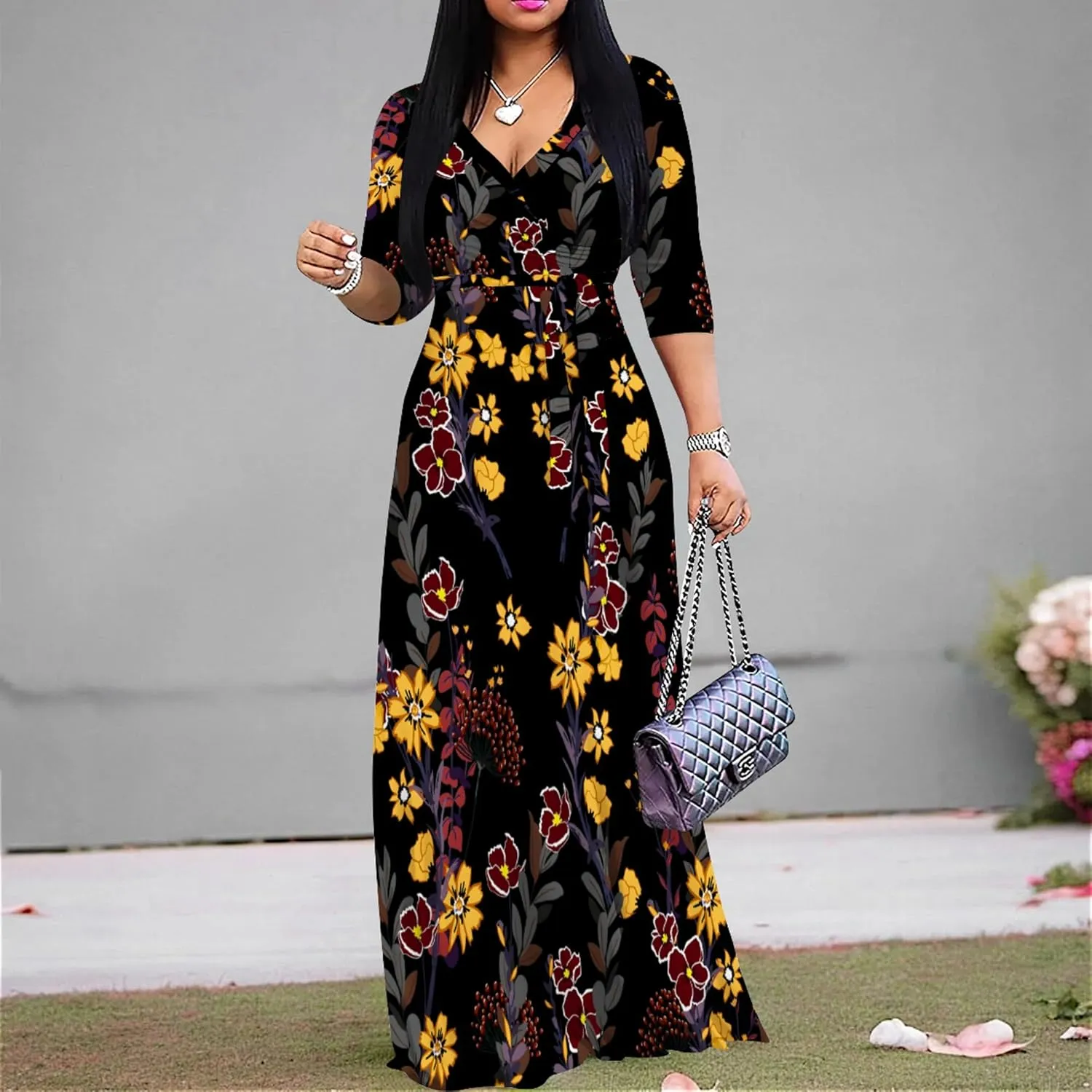 PinkPatty Women's Plus Size Maxi Dresses 3/4 Sleeves Bohemian Long Dress Printed Swing Dress with Belt
