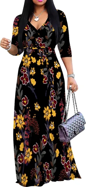 PinkPatty Women's Plus Size Maxi Dresses 3/4 Sleeves Bohemian Long Dress Printed Swing Dress with Belt