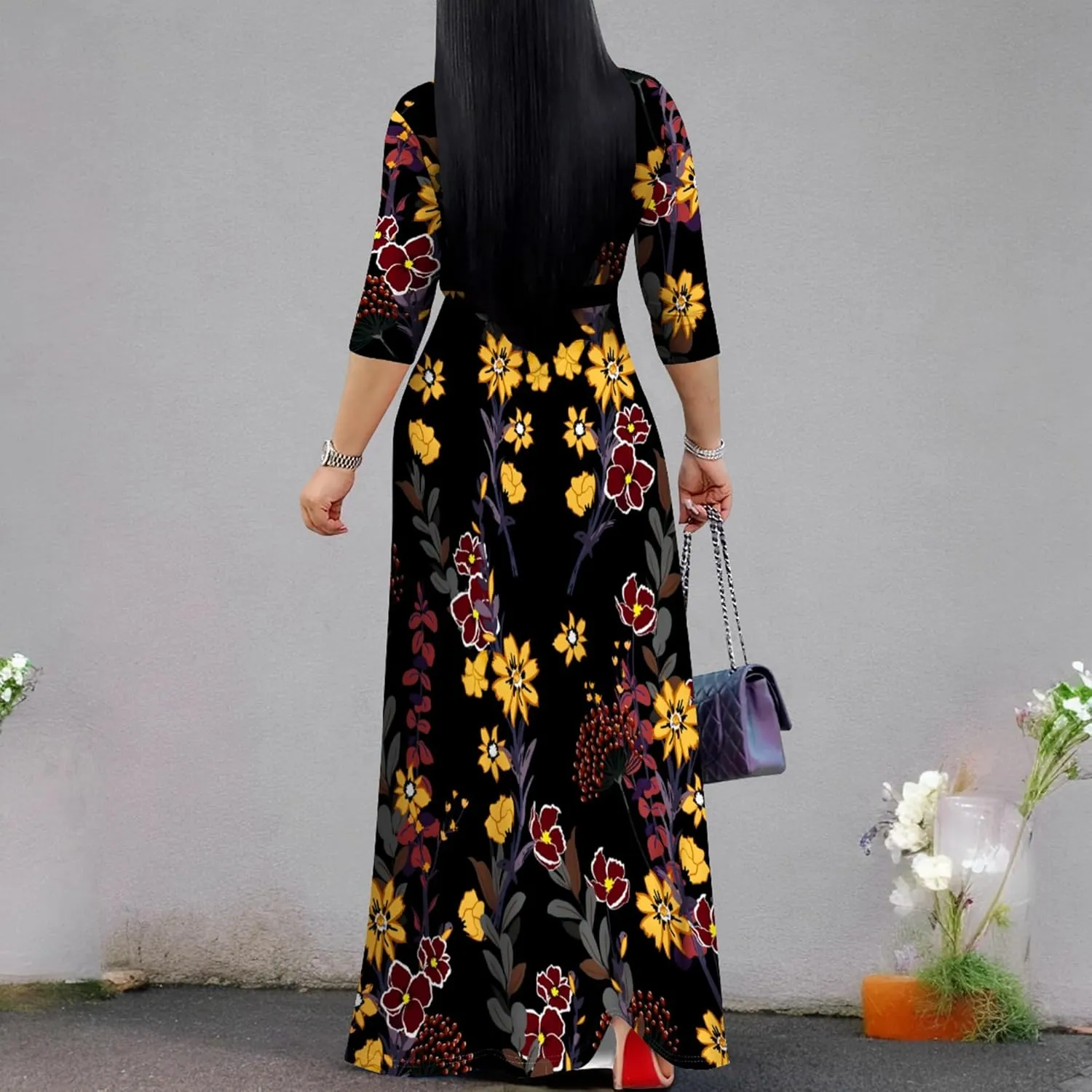PinkPatty Women's Plus Size Maxi Dresses 3/4 Sleeves Bohemian Long Dress Printed Swing Dress with Belt