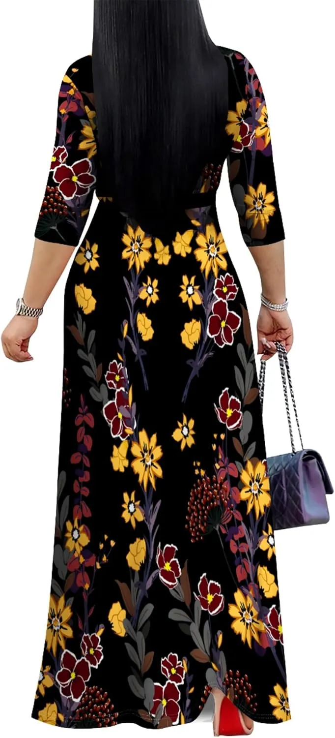 PinkPatty Women's Plus Size Maxi Dresses 3/4 Sleeves Bohemian Long Dress Printed Swing Dress with Belt