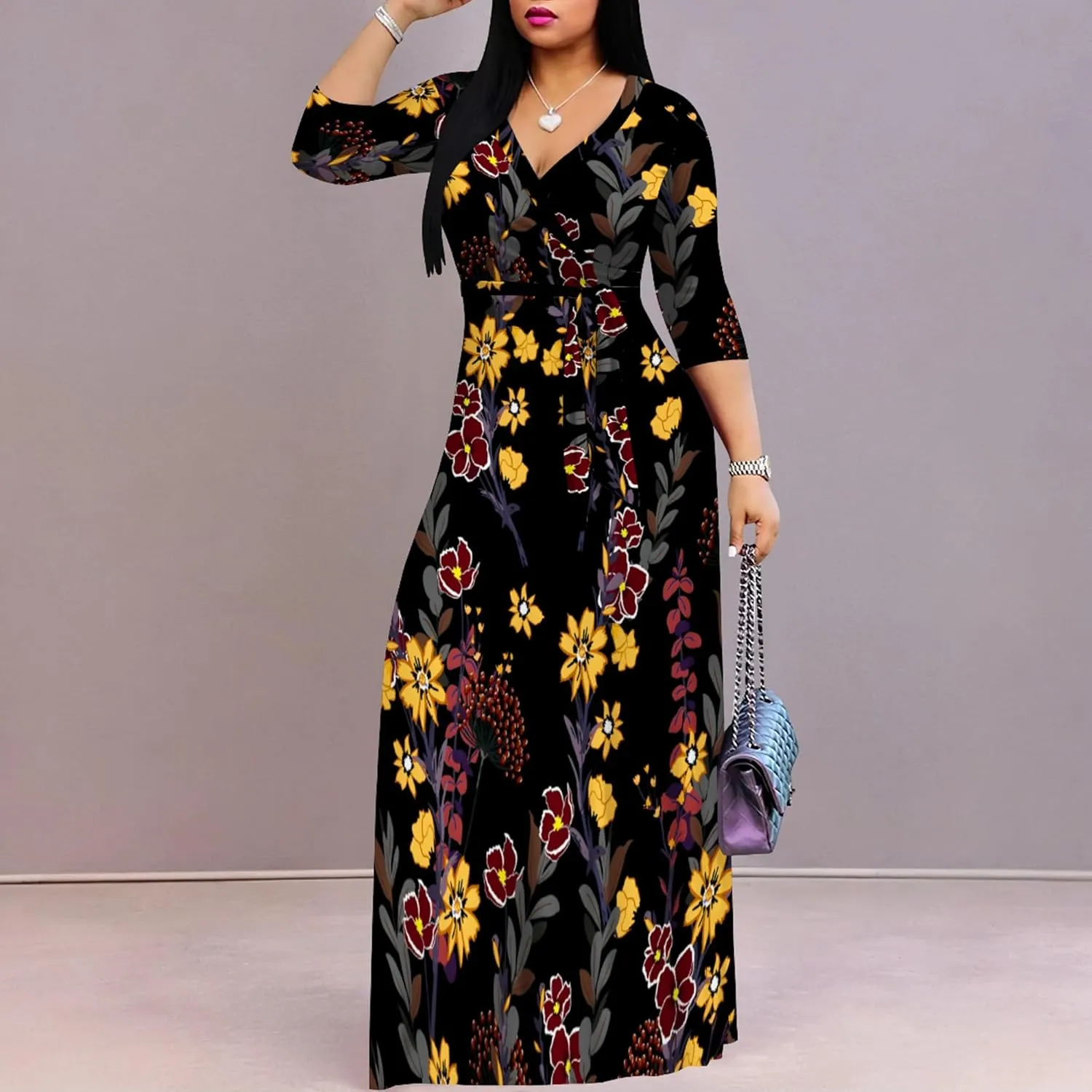 PinkPatty Women's Plus Size Maxi Dresses 3/4 Sleeves Bohemian Long Dress Printed Swing Dress with Belt
