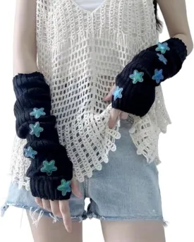 POHADON Women's Y2k Knit Arm Warmers Long Fingerless Mitten Thumb Hole Cute Star Gloves Japanese Harajuku Accessories