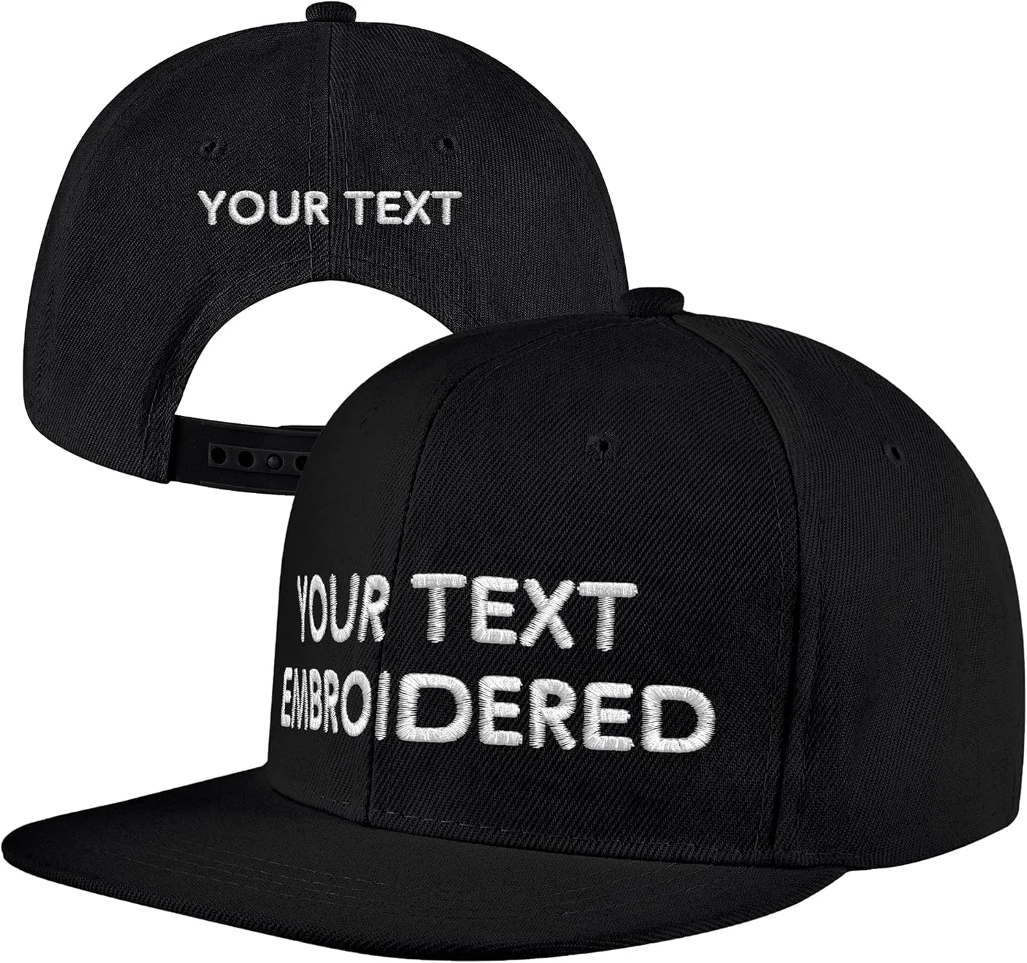 Pranboo Custom Text Snapback Hat/Cap | Embroidered Front & Back | Personalized Flat Brim Hats
