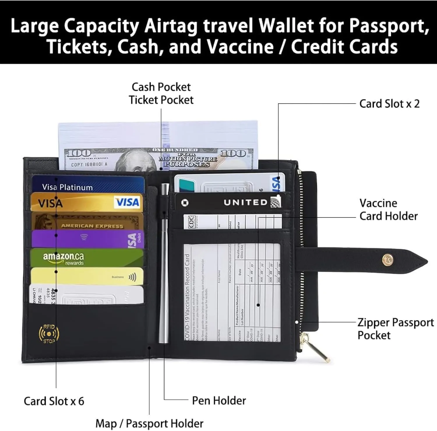 RFID Leather Travel Wallet for Women, Slim Travel Passport Holder with Credit Card Holder, Lightweight Bifold Passport Case Organizer with Zipper Pocket