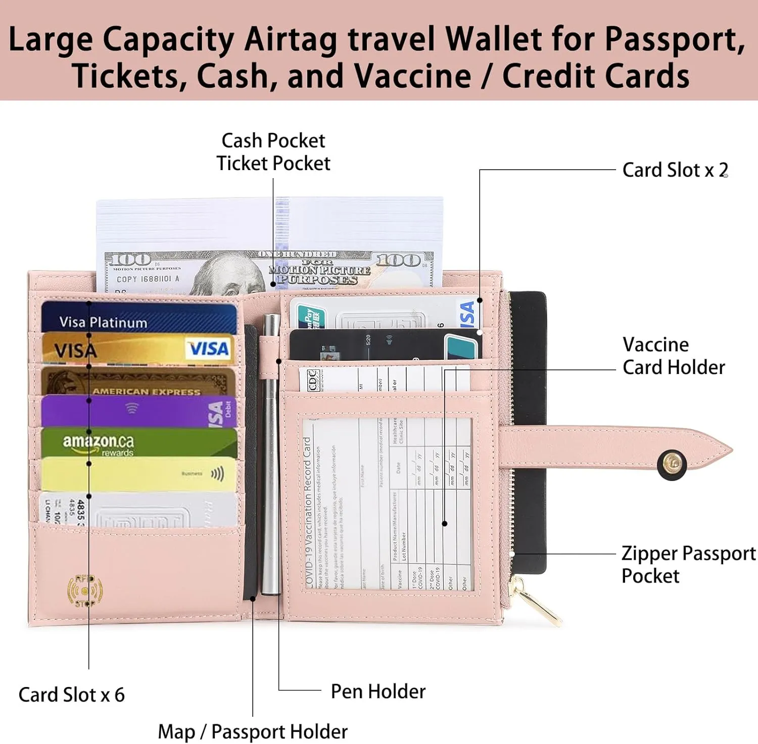 RFID Leather Travel Wallet for Women, Slim Travel Passport Holder with Credit Card Holder, Lightweight Bifold Passport Case Organizer with Zipper Pocket