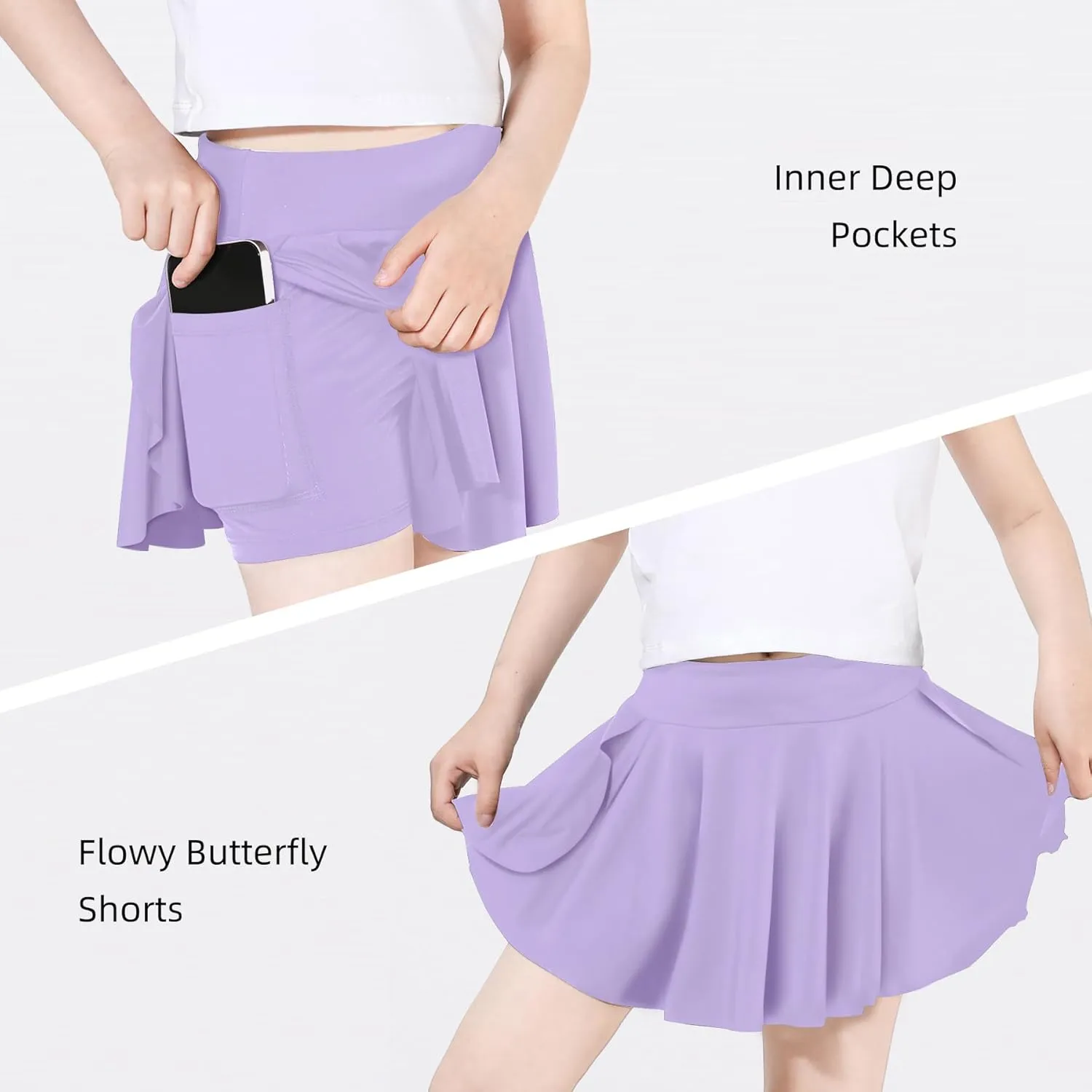 Skort Girls, Athletic Skirts for Tennis Golf, Butterfly Flowy Shorts for Kids, Shorts with Pocket