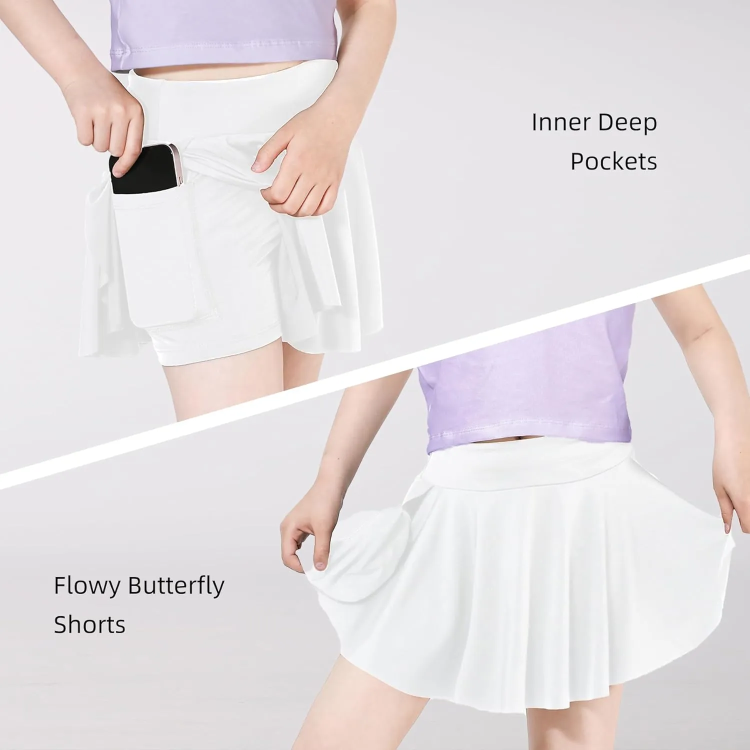 Skort Girls, Athletic Skirts for Tennis Golf, Butterfly Flowy Shorts for Kids, Shorts with Pocket