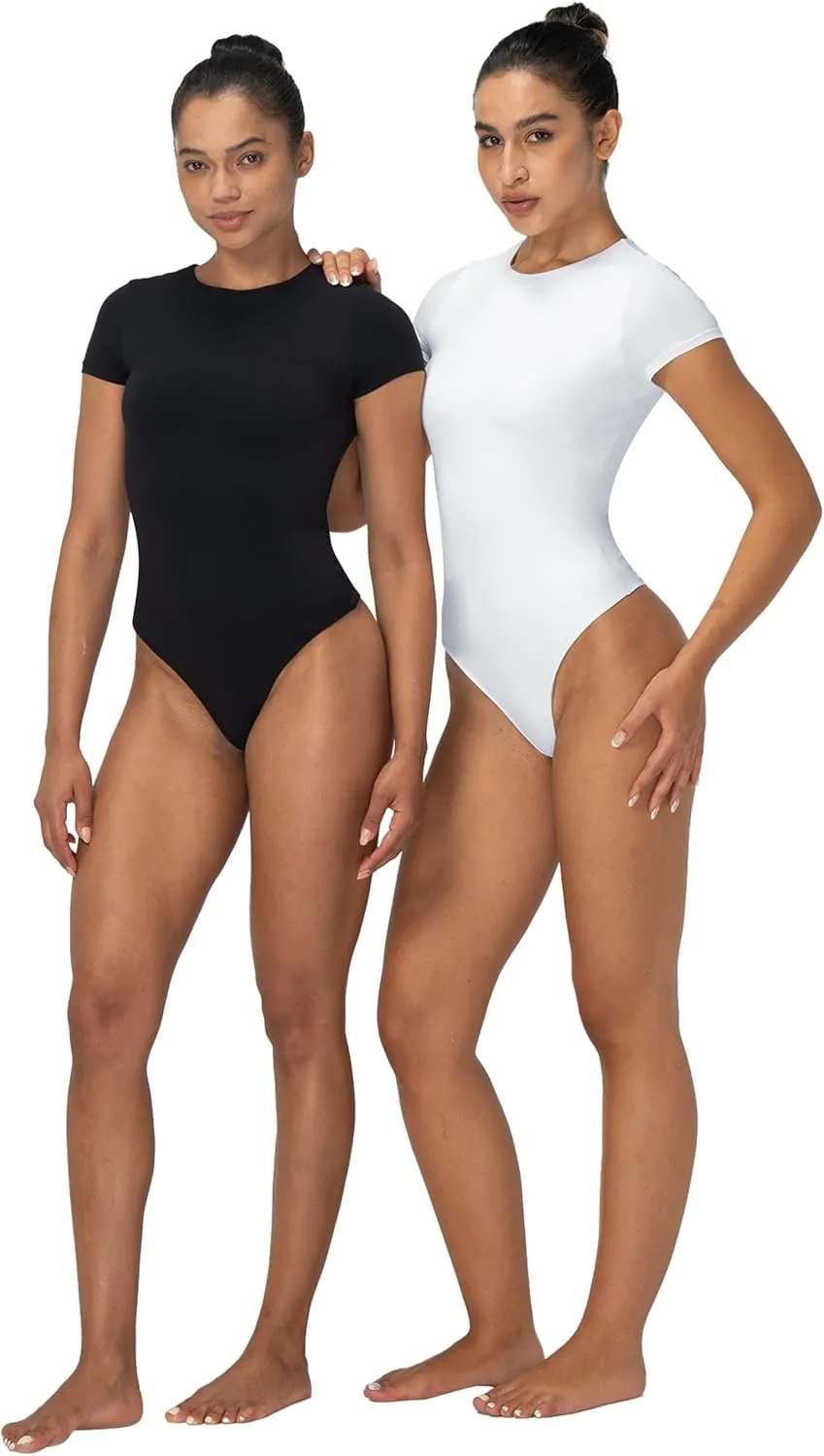 Sunzel Bodysuits for Women with Tummy Control- Crew Neck Short Sleeve Thong Body Suits Sexy Compression T shirts Tops