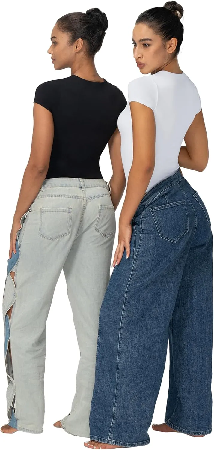 Sunzel Bodysuits for Women with Tummy Control- Crew Neck Short Sleeve Thong Body Suits Sexy Compression T shirts Tops
