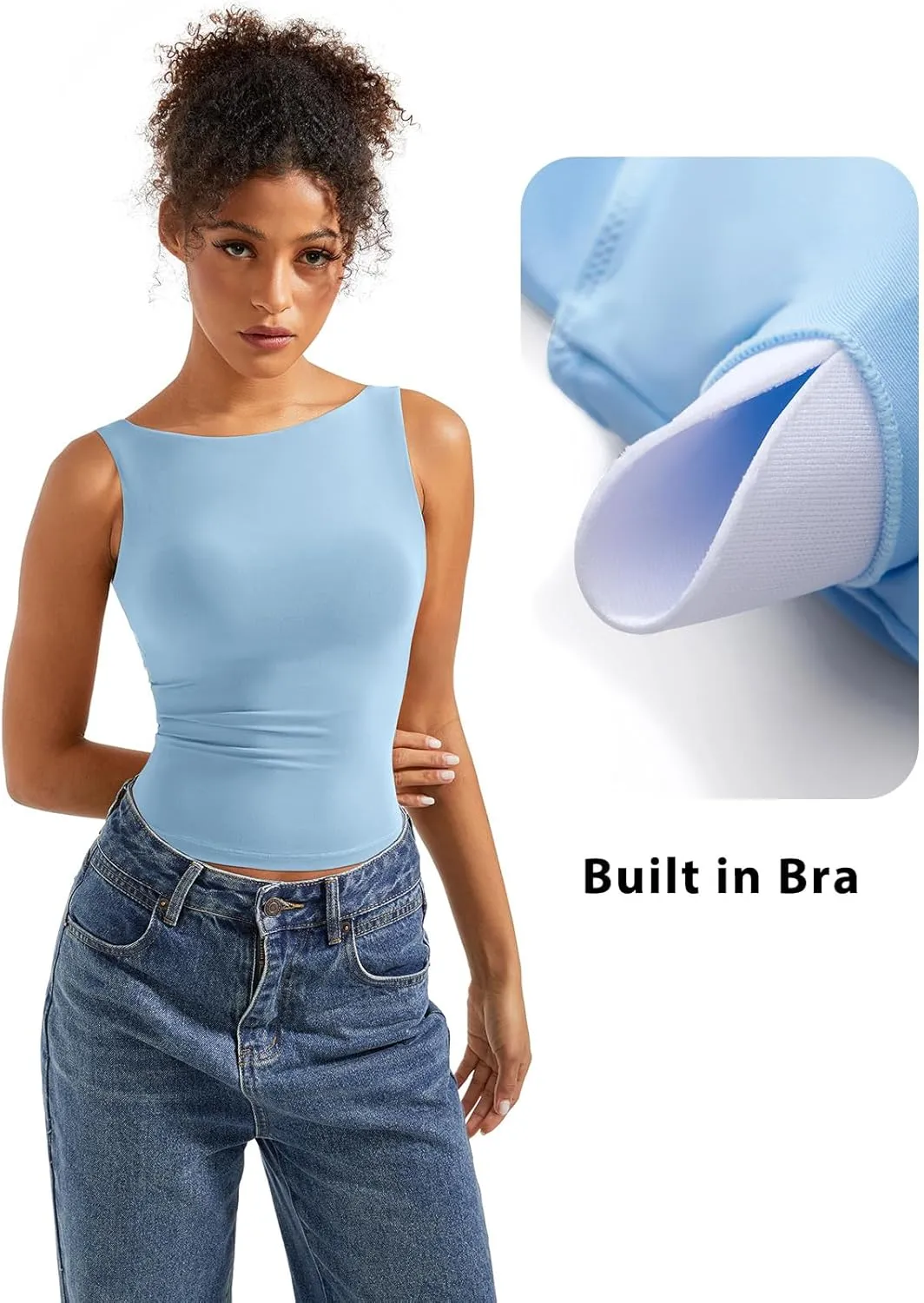 SUUKSESS Women Padded Open Back Boat Neck Tank Tops Double Lined Basic Shirts