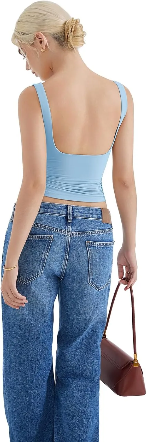 SUUKSESS Women Padded Open Back Boat Neck Tank Tops Double Lined Basic Shirts