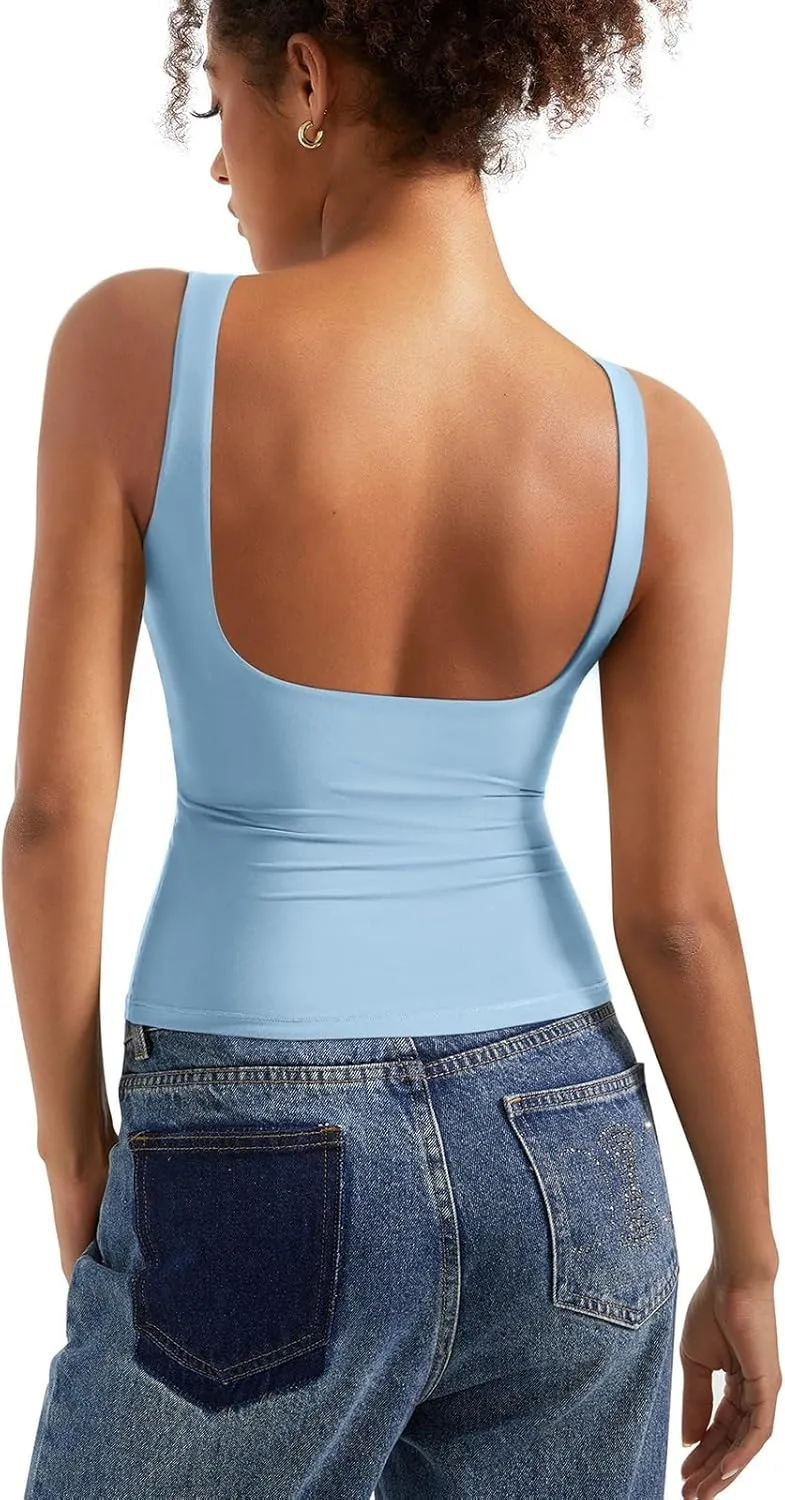 SUUKSESS Women Padded Open Back Boat Neck Tank Tops Double Lined Basic Shirts